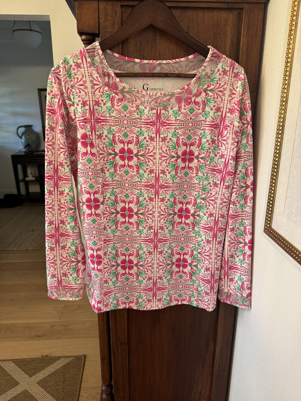 G Lifestyle Shirt Womens Large Pink Floral Long Sleeve Stretch Jersey Top Sports
